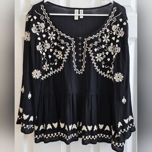 Anthropologie Meadow Rue Med Black Embroidered Boho Top Long Sleeve